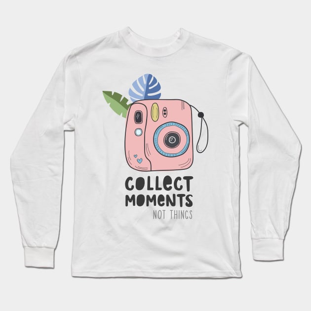 Instant camera with photos. Illustration with a camera and tropical leaves and the inscription. Appreciate moments, not things Long Sleeve T-Shirt by Var Space